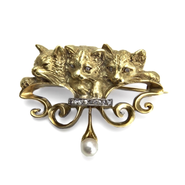 Jugendstil Gold Brosche Katzen Frankreich um 1900