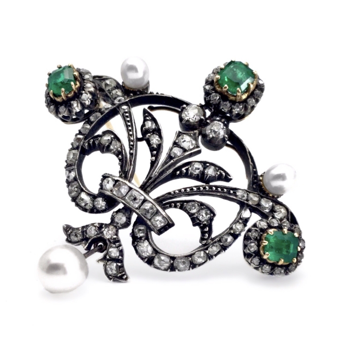 Jugendstil Diamant Smaragd Brosche um 1900