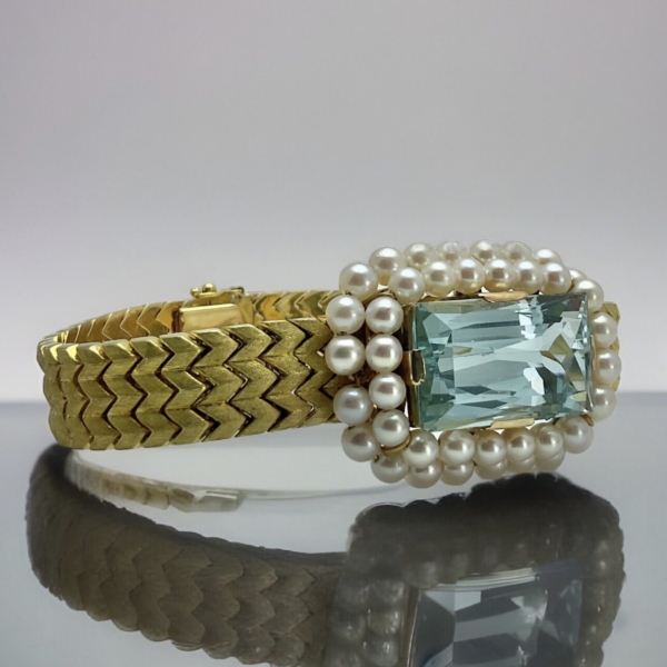 Vintage Aquamarin Perlen Gold Armband um 1950